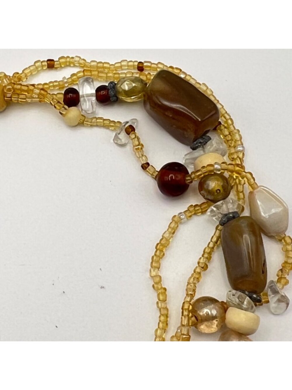 Multi Strand Quartz Glass Bead Necklace  Honey Amber Brown Cream 17-20.25" Boho - Picture 8 of 13